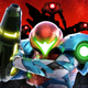 Metroid's Samus hold's her gun arm while Chozo robots hunt her in the background.